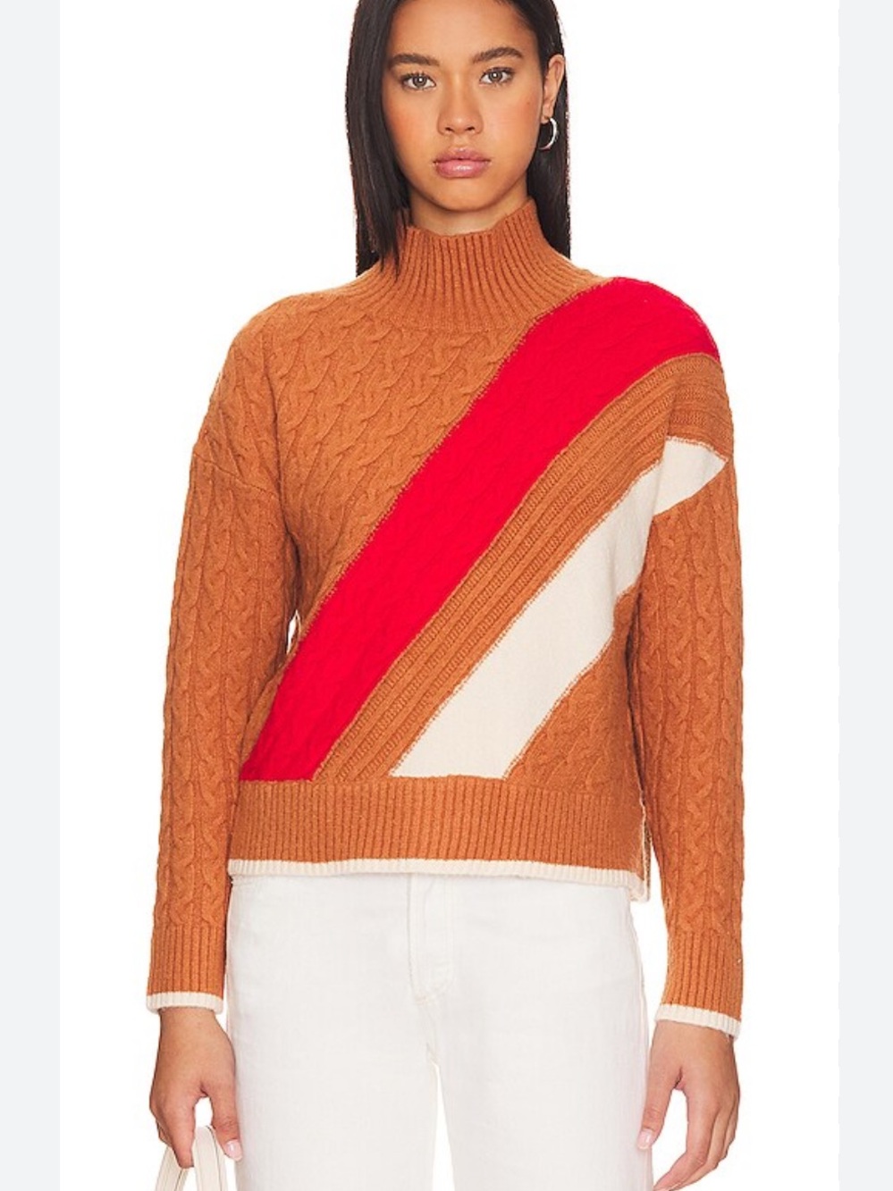 525 Woven Diagonal Stripe Cable Knit Sweater - Camel & Red